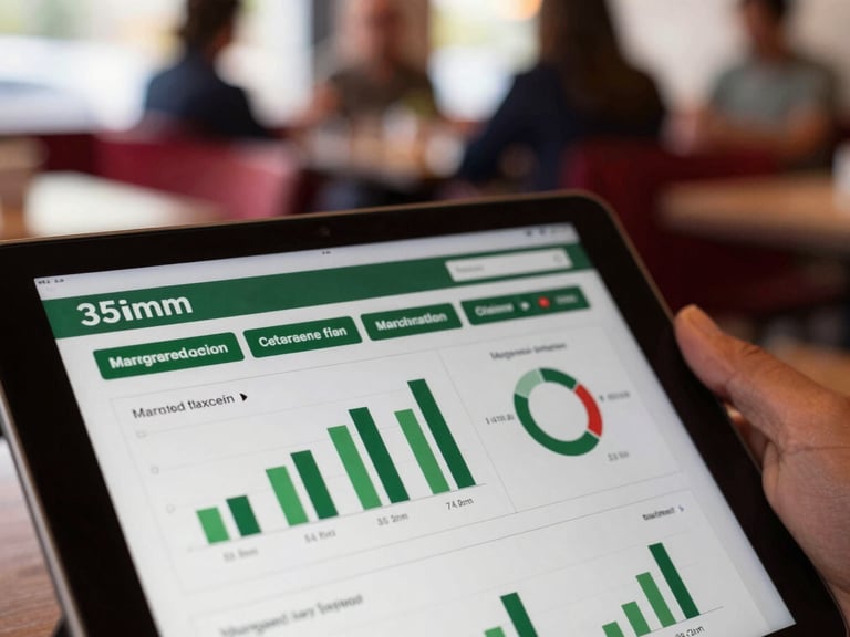 Close-up of a tablet showing targeted ad analytics with a blurred background of a bustling restaurant, soft natural side-light, deep red and forest green tones, shallow depth of field, 35mm, authentic agency moment
