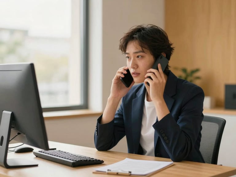 A focused professional speaking on a phone call in a modern home workspace, clean desk, soft natural lighting, warm amber accent tones, 35mm photography.