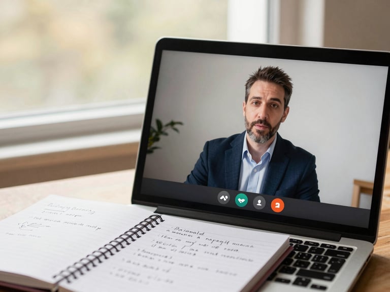 A close-up of a laptop showing an active video consultation with an experienced mentor, a notebook with handwritten strategy notes, warm ambient window light, 35mm.