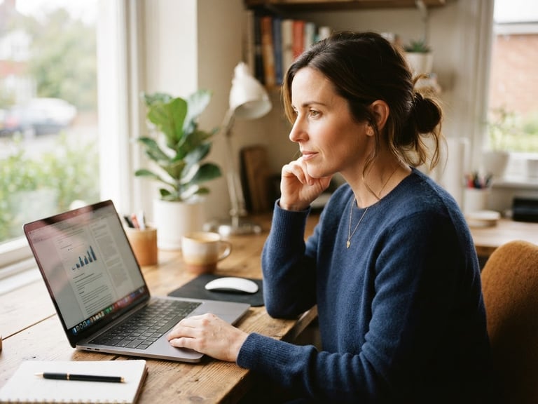 A professional working in a warm, daylight-filled home office, looking thoughtfully at a laptop screen, soft navy and amber tones, shallow depth of field, 35mm photography.