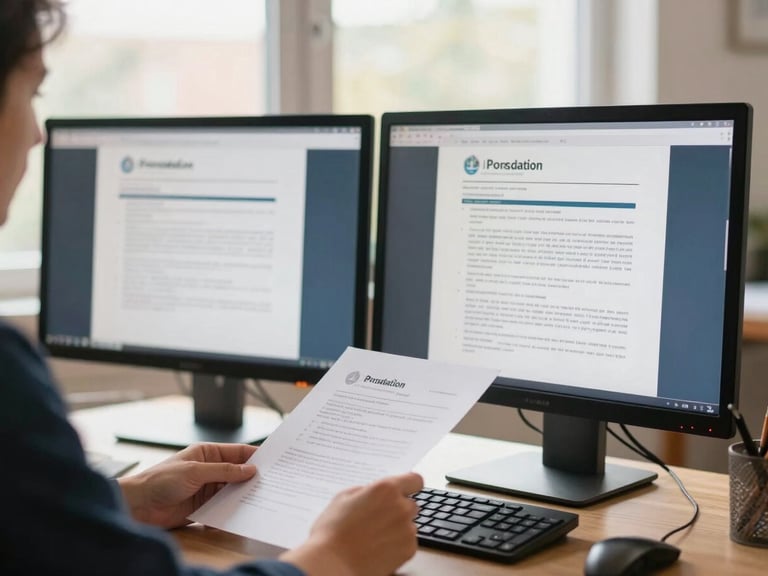 Focused professional in a home office reviewing policy documents on a dual monitor setup, soft natural window light, professional 35mm photography, warm editorial style.