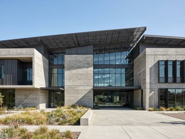 Wide-angle architectural elevation of a modern commercial concrete building under hard, bright daylight, with integrated solar roof arrays casting sharp geometric shadows.