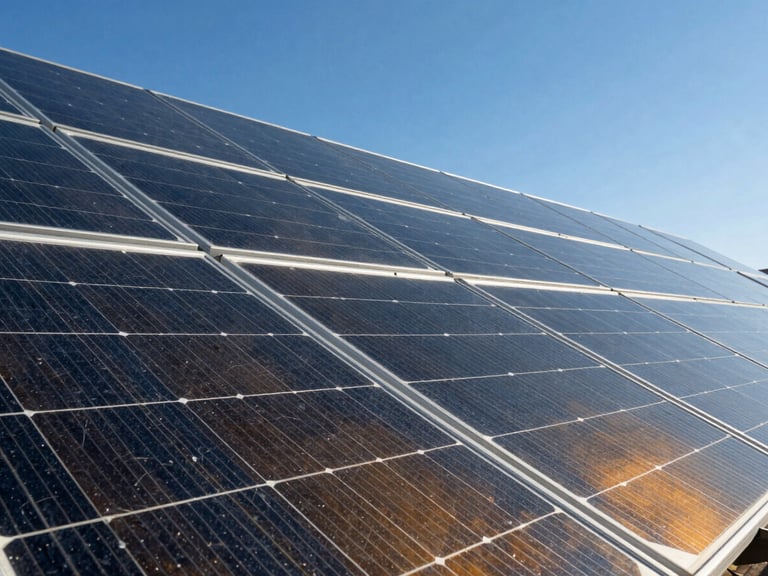 Extreme close-up of a premium solar panel array reflecting a clear blue sky, sharp glass surfaces, high-contrast slate and amber tones.