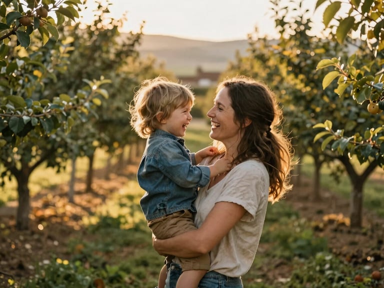 Candid medium shot of a mother laughing with her young child in a sunlit Chelan valley orchard, warm golden-hour light, 35mm photography.