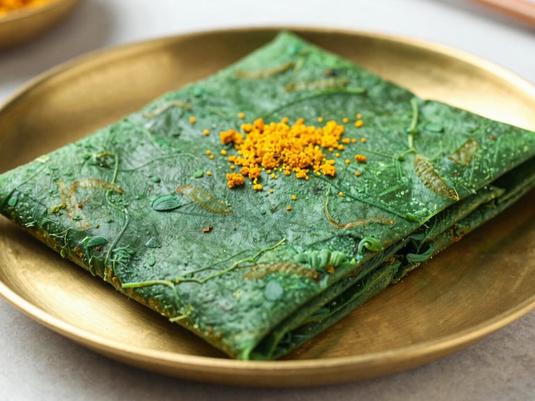 Macro shot of a freshly folded green meetha paan resting on a clean brass plate, bright natural daylight, soft saffron accents, shallow depth of field