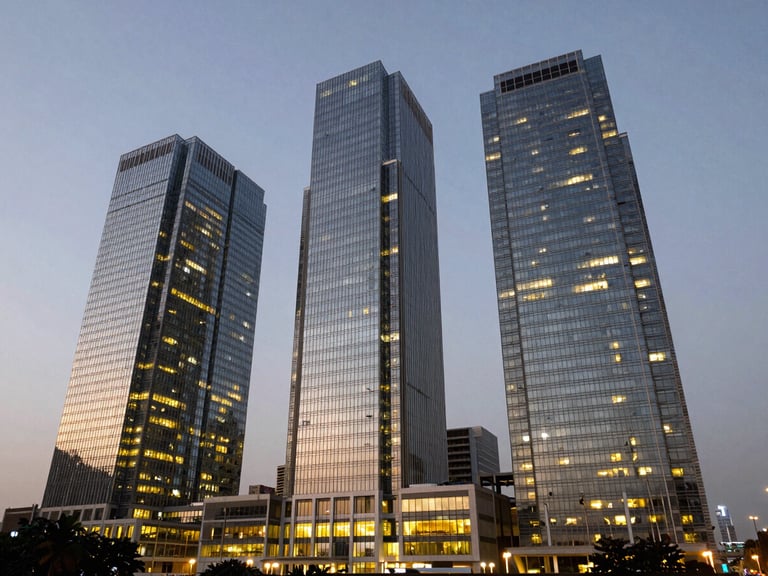 Wide angle architectural view of the modern glass skyscrapers of Bandra Kurla Complex (BKC) in Mumbai during twilight, glowing with golden interior lights, reflecting stability and institutional scale.