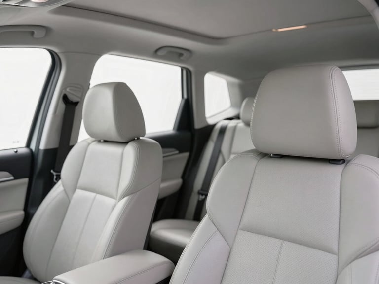 Interior close-up of a clean, premium car cabin with leather seats, soft natural light filtering through the window, showing a tidy and professional setup.