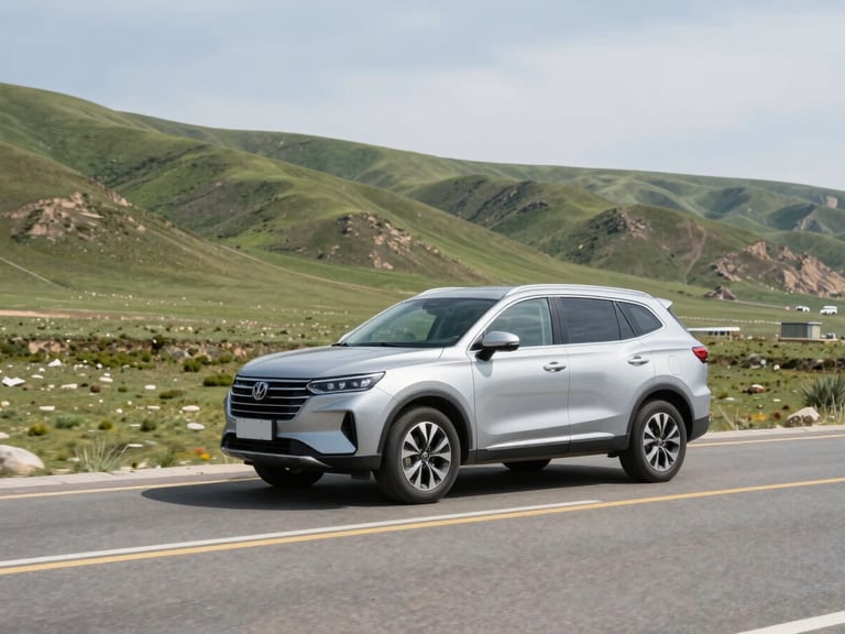 A clean silver SUV driving along the scenic Hazara Motorway surrounded by green hills, bright natural daylight, wide-angle environmental framing.