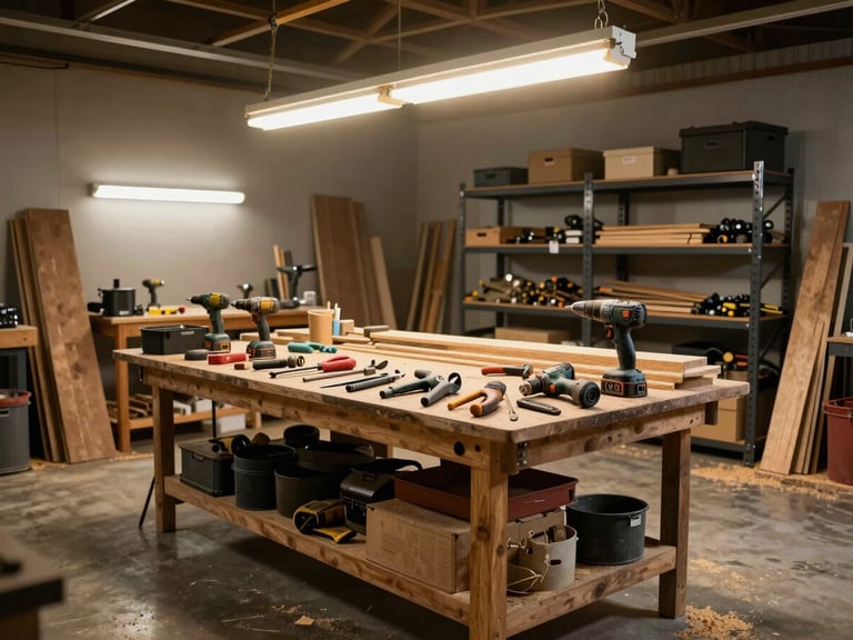 Wide shot of a garage workshop interior under warm fluorescent shop lights — a heavy workbench covered with hand tools, power drills, and lumber, concrete floor with sawdust, black metal shelving in the background, no people, documentary clarity