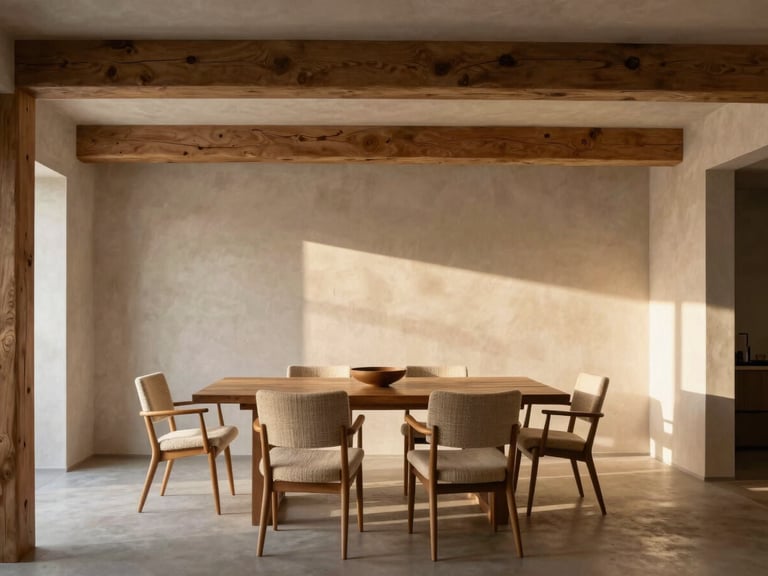 High-end architectural photography of a modern dining room with clean oak beams, vintage Danish cord chairs, plaster walls, warm afternoon sun, 35mm