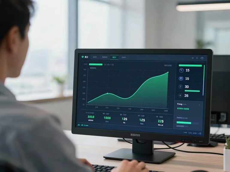 Over-the-shoulder shot of a digital dashboard showing positive conversion curves, bright natural office light with subtle green accents, sharp focus, 35mm lens.