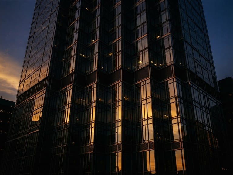 Sleek modern skyscraper facade of steel and glass, sharp dramatic low-key lighting, golden hour reflections on dark metal, 35mm