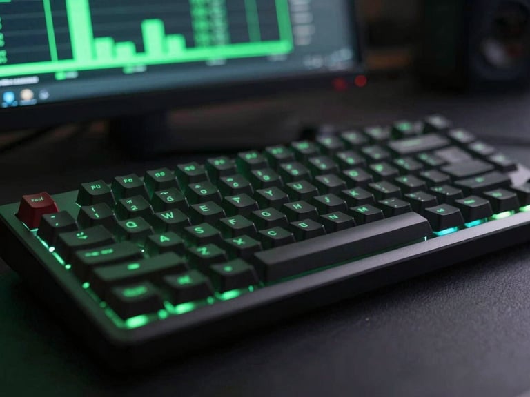 Moody close-up of a high-end mechanical keyboard on a dark desk, glowing green timeline interface on a monitor in the soft-focus background, macro shot, shallow depth of field