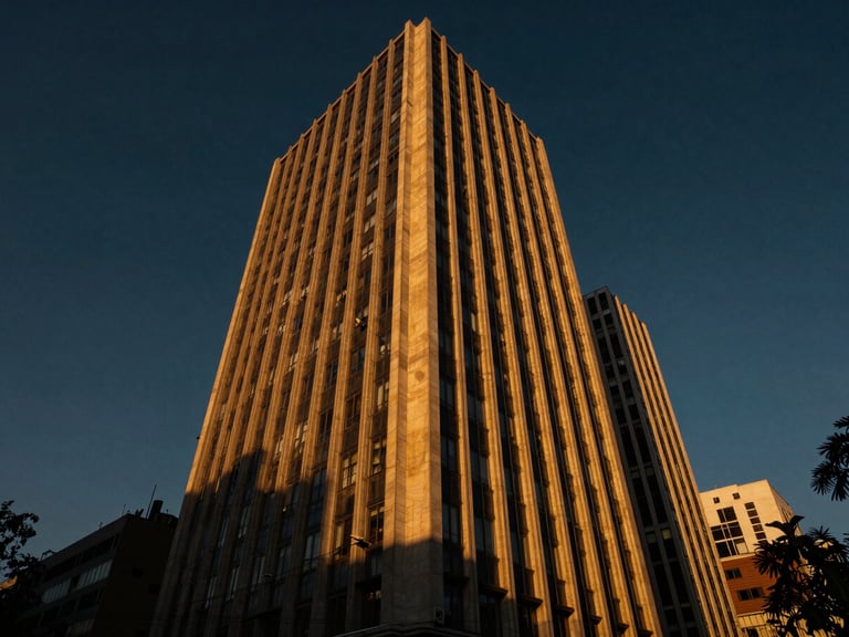 Fachada imponente de edificio corporativo moderno en Paseo de la Reforma, Ciudad de México, con reflejos dorados del atardecer, ángulo bajo, dramático, 35mm.