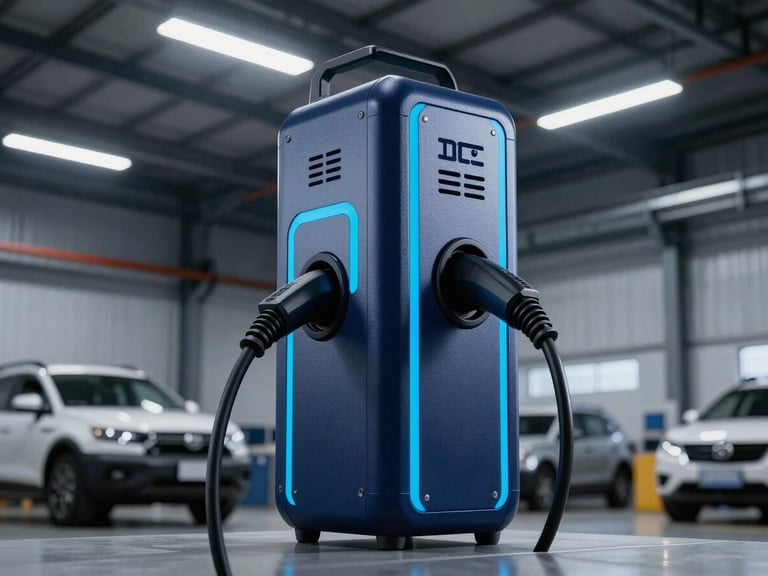 Industrial product photography of a 2-gun DC fast charger, deep navy enclosure with electric cyan accents, in a commercial fleet depot under cool industrial lighting, low angle heroic shot