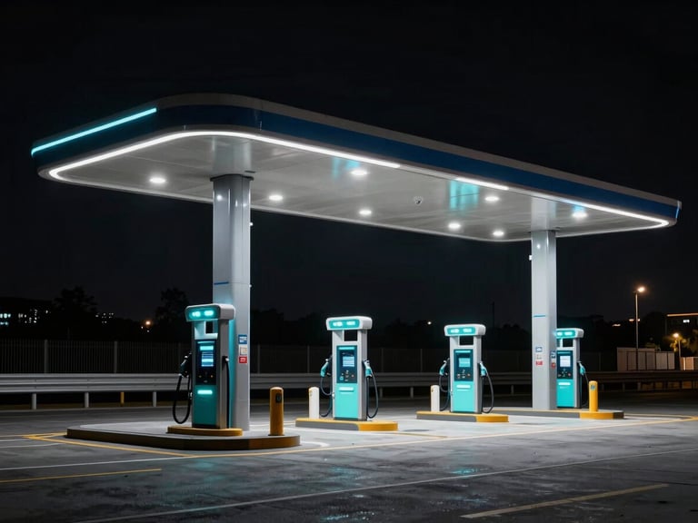 High-contrast image of a highway charging hub at night, showing several grid-buffered stations under cool, dramatic industrial lighting, with a subtle glow of electric cyan.