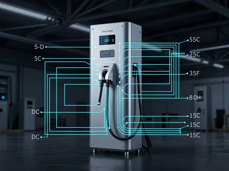 Technical schematic overlay on a semi-transparent image of a multi-port DC fast charger, highlighting power flow and load distribution, electric cyan lines on a dark background.