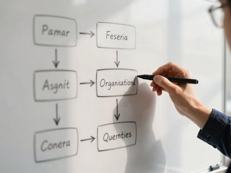 Close-up of hands sketching a clean organizational framework on a sunlit whiteboard, soft shadows, warm editorial tones
