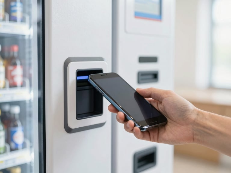 Close-up of a hand using a smartphone to pay contactless on a modern vending machine screen, bright natural indoor light, clean corporate setting
