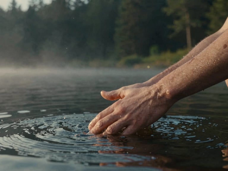 Extreme close up of hands touching dark water in a misty lake, golden hour light, cinematic 35mm film grain.
