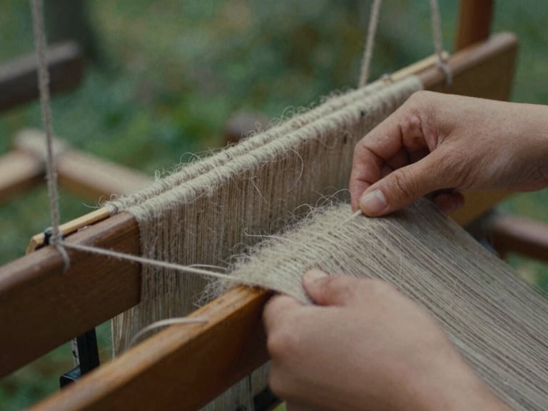 Extreme close-up of hands weaving textured wool on a traditional wooden loom, soft natural side lighting, earthy ochre tones, film grain