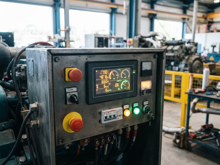 Close-up of a heavy-duty industrial diesel generator control panel, glowing LED diagnostic screen, cool metallic tones, bright workshop lighting