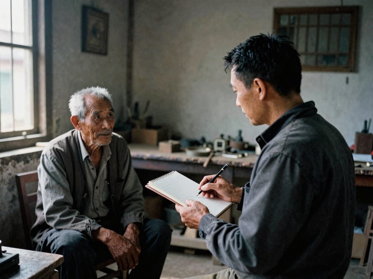 Candid documentary photo of a journalist with a notebook talking to an elderly craftsman inside a sunlit traditional workshop, natural shadows, 35mm film grain
