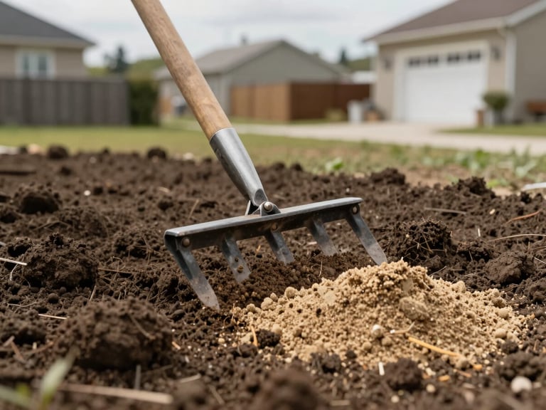 Close 45-degree angle shot of dark clay soil being amended with sand and compost on a Rive-Sud residential lot, a rake tool mid-stroke visible, overcast natural daylight, neighboring home fence in soft background