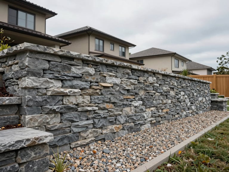 Wide shot of a completed dry-stack stone retaining wall in a Rive-Sud residential backyard, photographed in soft overcast daylight from a 45-degree angle showing horizontal seam lines, compacted gravel drainage bed at the base, and the sloped terrain it holds back; neighboring home fence visible in background for neighborhood context