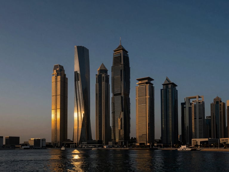 Wide-angle premium architectural photography of Dubai Marina skyline at golden hour, dramatic high-contrast lighting, deep shadows with warm gold accents, 35mm