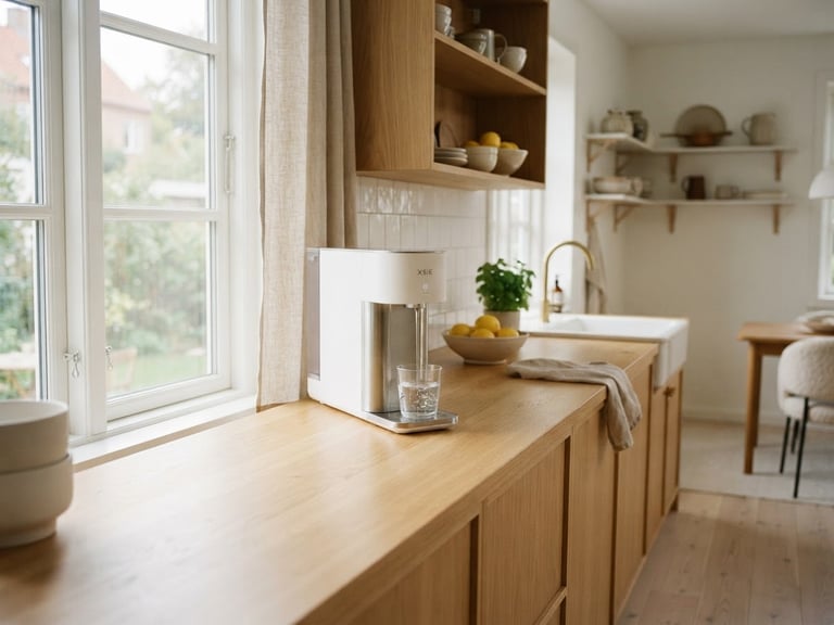 Medium-wide environmental shot of a bright Scandinavian kitchen at morning, soft natural window light, a sleek premium XSIE water generator integrated on a light oak countertop, a glass of water reflecting the light.