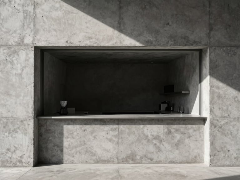 Minimalist architectural photography of a raw concrete coffee bar, sharp natural light and deep shadows, high contrast, 35mm