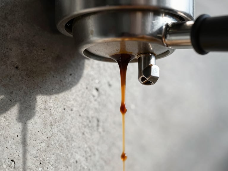 Extreme close-up of coffee extraction from a bottomless portafilter, rich dark espresso stream dripping with geometric precision, raw concrete background, natural side light, 35mm