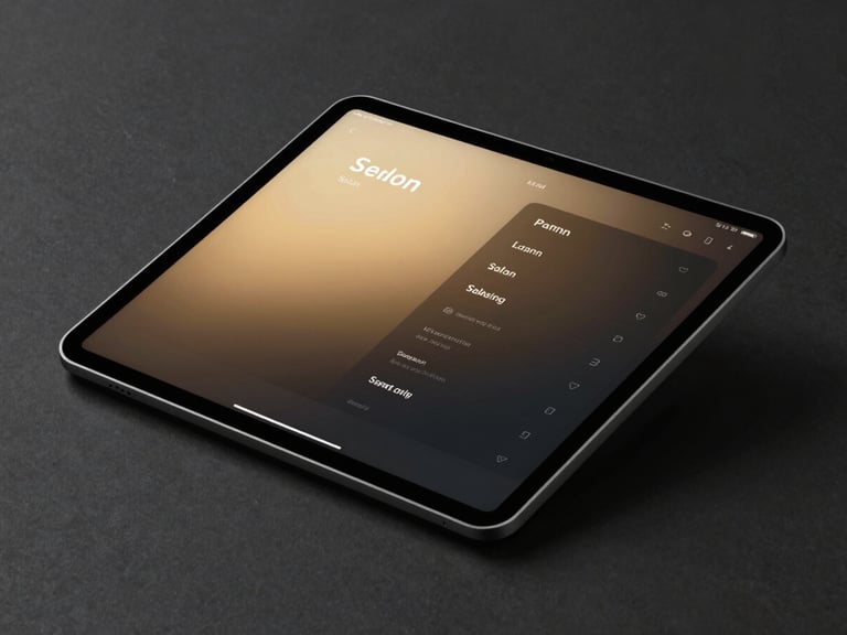 Sleek modern tablet displaying a clean dark-mode salon booking interface, soft gold reflections, elegant minimalist setting