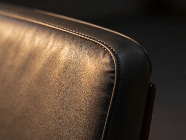 Extreme close-up of double-stitched dark leather seam on a luxury chair, warm golden-hour rim lighting, 85mm macro lens