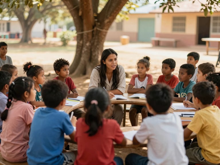 Medium shot of children in a vibrant outdoor classroom under a tree, actively participating in a lesson with a local teacher, warm natural daylight, authentic human moments, rich earthy tones, shallow depth of field, 35mm