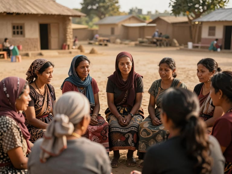 Group of local women and a volunteer discussing health topics in a village square, engaged expressions, natural golden-hour daylight, authentic human moments, rich earthy tones, shallow depth of field, 35mm