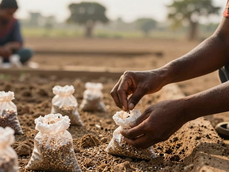Hands carefully counting seeds into small bags, a community garden project in a rural Indian village, warm natural daylight, rich earthy tones, shallow depth of field, 35mm