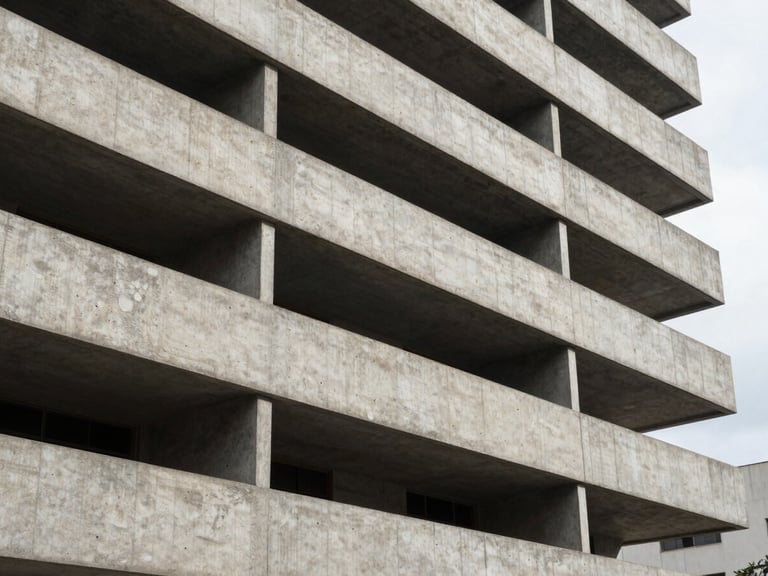 Close-up architectural detail of a finished reinforced concrete facade on a mid-rise residential building in São Paulo, sharp shadow lines from window reveals cutting across the concrete plane, overcast diffused natural light, no people, strong horizontal geometry
