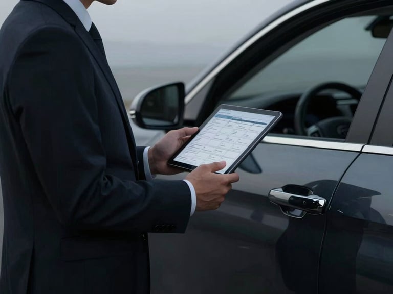 Close-up of a chauffeur in a tailored dark suit holding a discreet tablet with flight details, standing near a polished chrome vehicle door, low-key dramatic side lighting