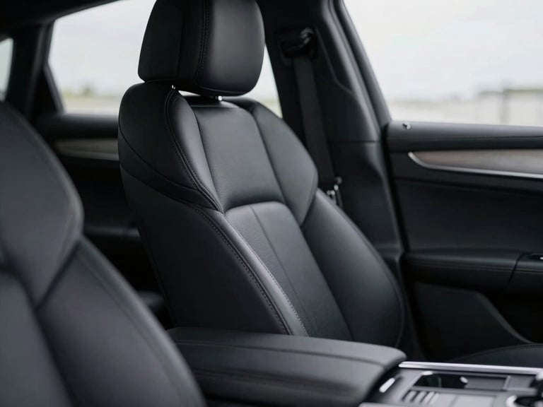 Macro detail of a pristine executive sedan interior, focus on hand-stitched black leather seating and a clean center console, soft cool window light, shallow depth of field