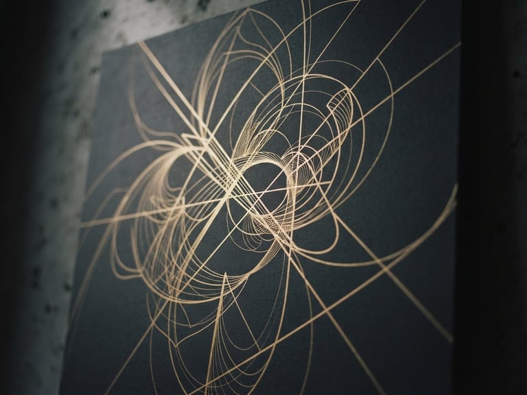 Macro shot of a high-resolution digital art canvas displaying gold vector lines on a deep charcoal background, framed in a luxury minimal concrete interior, soft dramatic side-lighting, 35mm