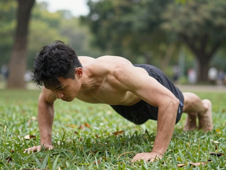A person stretching outdoors on green grass during early morning, soft natural light, focus on movement and vitality