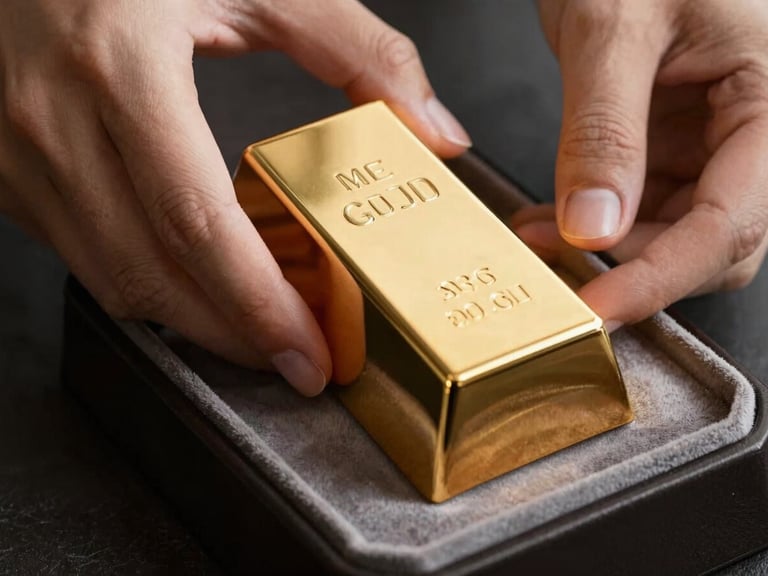 Hands carefully placing a polished gold bar into a secure velvet-lined presentation box, soft warm lighting reflecting off the metallic champagne gold surface.