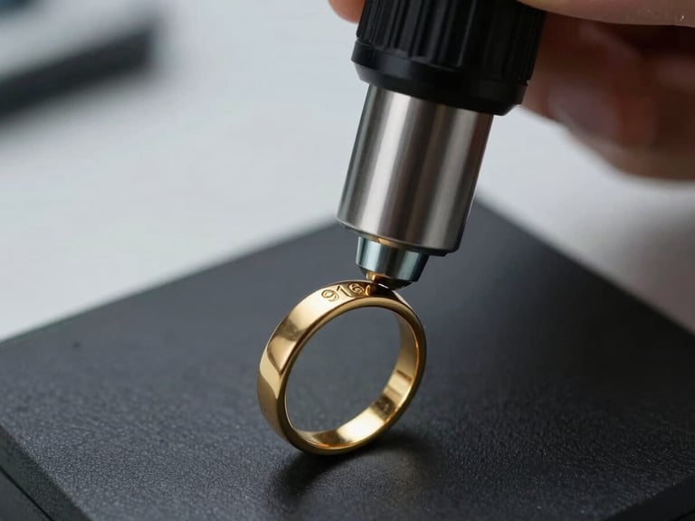 A close-up of a gold ring being inspected under a jeweler loupe in a clean, professional laboratory setting, soft side lighting highlighting the 916 hallmark stamp.