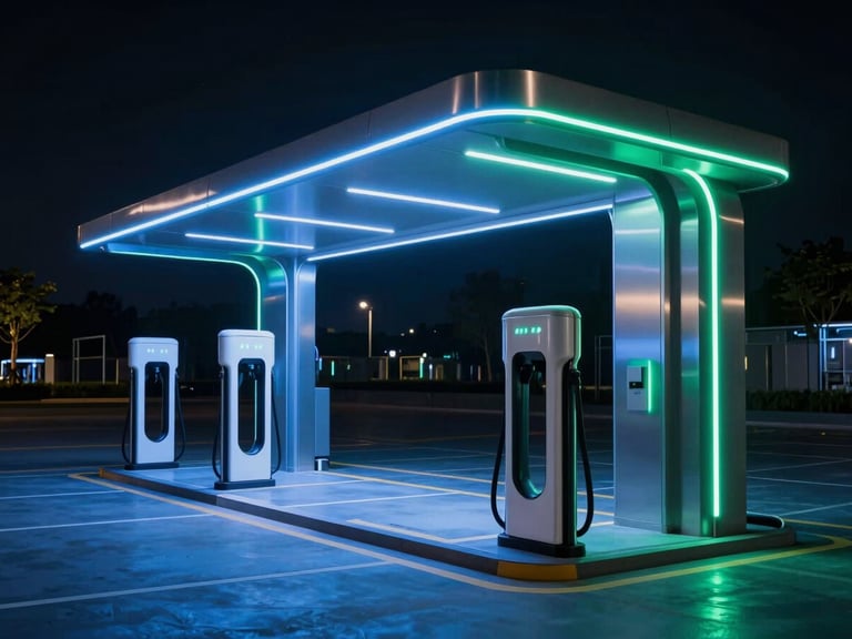 Cinematic low-key wide architectural shot of an ultra-modern EV charging hub at night with electric blue neon ambient glows and sharp metallic reflections