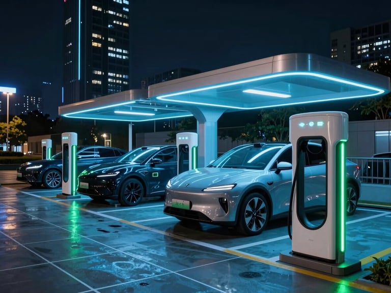 Wide architectural shot of an ultra-modern EV charging hub at night, glowing electric blue neon accents reflecting on luxury electric vehicles, smart city grid overlay, cinematic lighting, 35mm lens