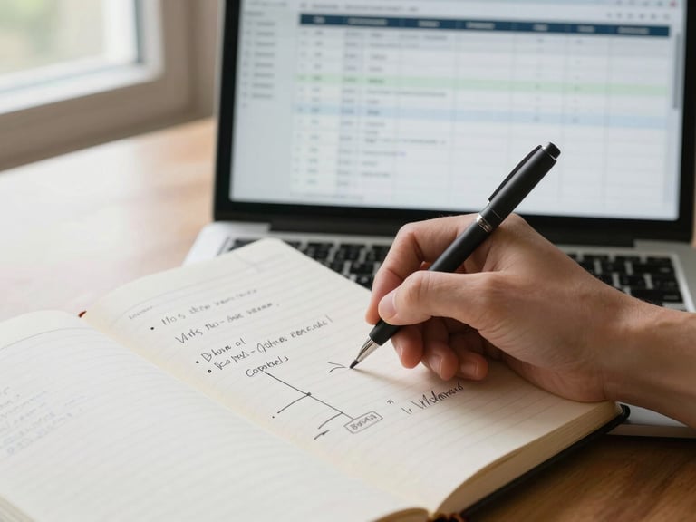 Close-up on hands writing in an open notebook beside a laptop screen displaying a project timeline and task board. Natural window light from the left, notebook page covered in structured bullet notes and a hand-drawn dependency map. Documentary framing, no faces, crisp detail on the handwriting and screen content.