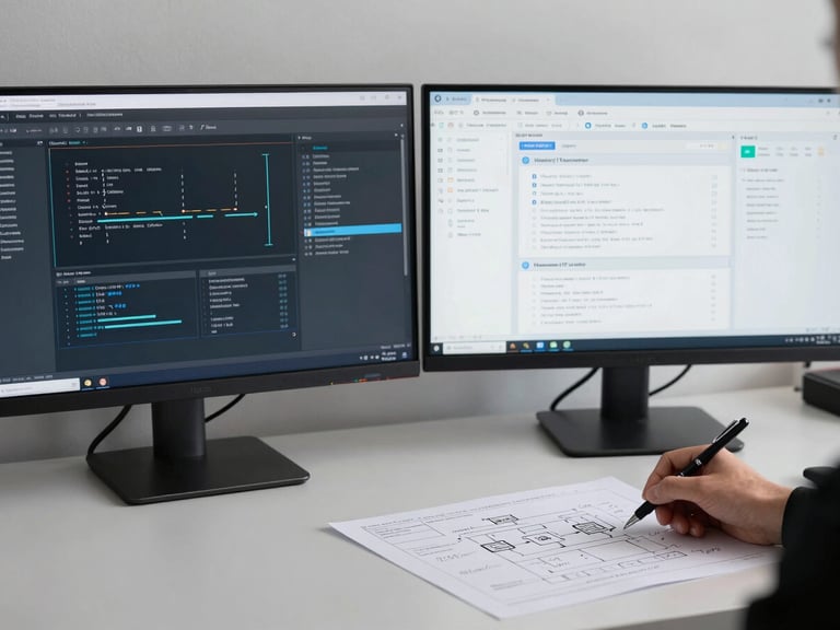 Wide desk environment shot under clean studio daylight — two monitors side by side showing automation workflow diagrams and a CRM dashboard, a hand annotating a printed process map with a pen. Flat lay perspective, no person's face visible, cool neutral tones, sharp focus on the screen data and annotation marks.