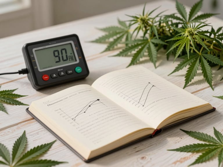 Vista cenital de un cuaderno abierto con anotaciones meticulosas de riego y conductividad eléctrica, junto a un medidor digital de PH limpio sobre una mesa de madera clara, rodeado de hojas verdes de cannabis sanas y turgentes, iluminación natural suave de tarde.